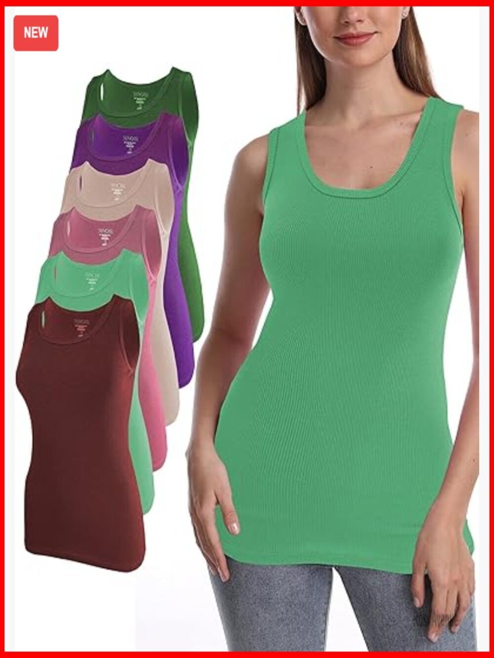 Ribbed Tank Tops 6-Pack Sleeveless Long Length Stay-Put Fit